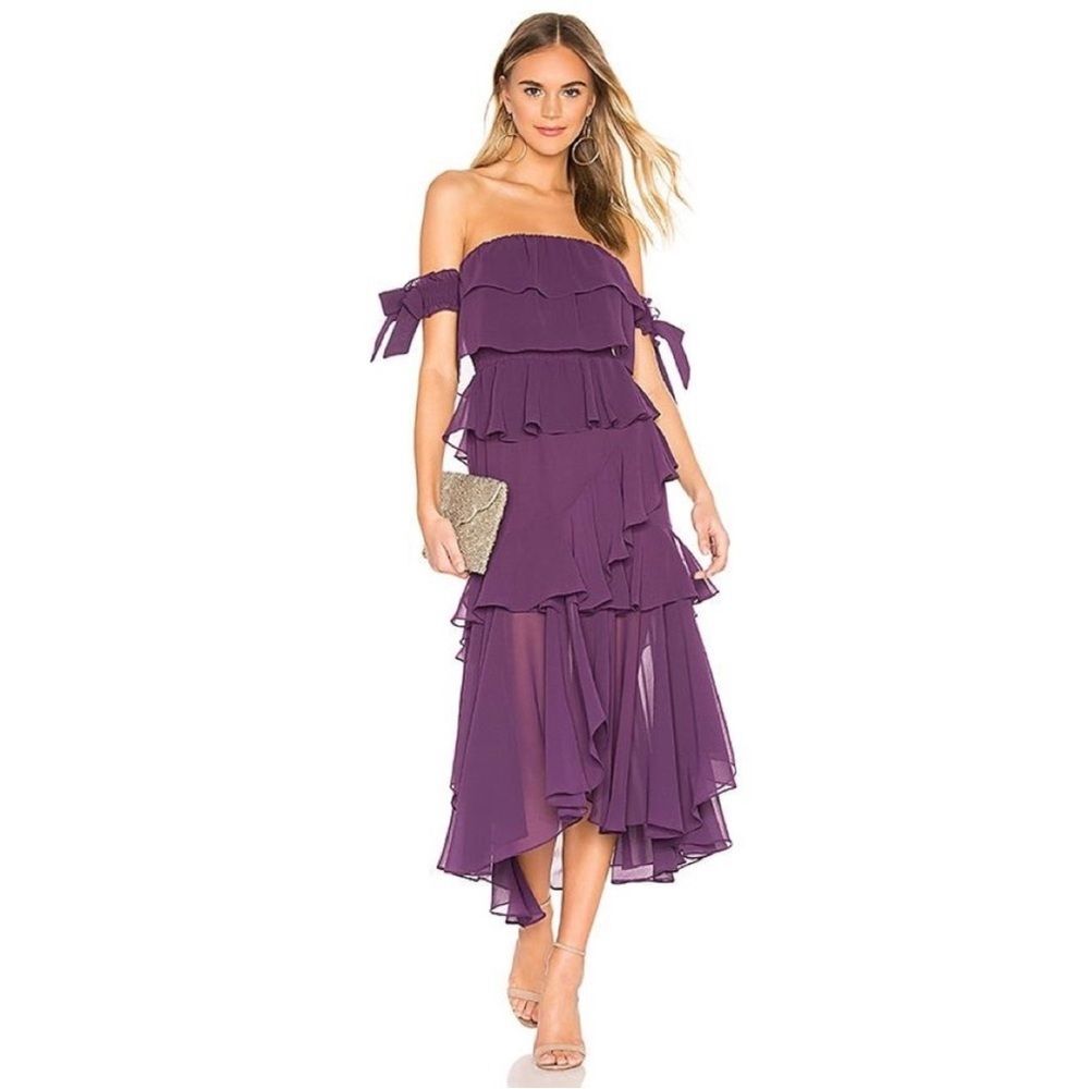 Misa Los Angeles Isadora Purple Off the Shoulder Ruffle Midi Dress Size Large